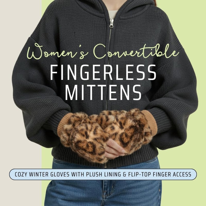 Funky Junque Faux Fur Flip Mittens Womens Warm Convertible Fingerless Gloves - Image 2